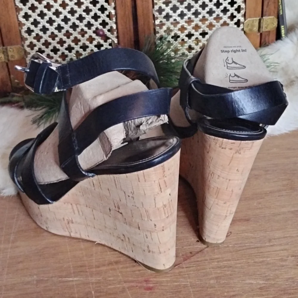 Coach Black Ankle Strap High Cork Heeled Sandles